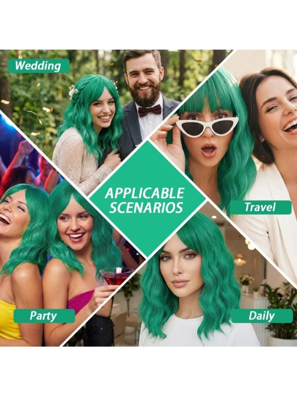 Women's Green 14 Inch Short Shoulder Length Synthetic Bangs Wavy Bob Wig